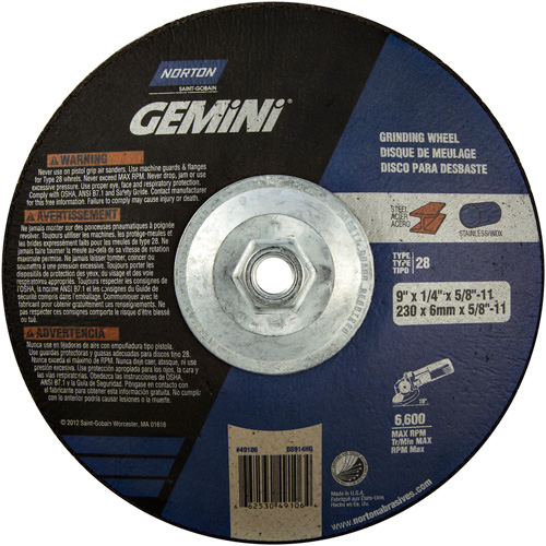 Meule soucoupes Gemini, 9" x 1/4", Arbre 5/8"-11, Oxyde d'aluminium, Type 28 Distribution Industrielle GC
