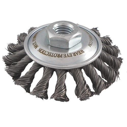 Brosses soucoupes &agrave; fils nou&eacute;s, Dia. 4", Fils 0,02", Arbre 5/8"-11, Acier Distribution Industrielle GC