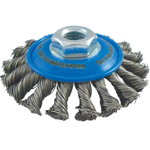 Brosses soucoupes &agrave; fils nou&eacute;s, Dia. 5", Fils 0,02", Arbre 5/8"-11, Acier inoxydable Distribution Industrielle GC