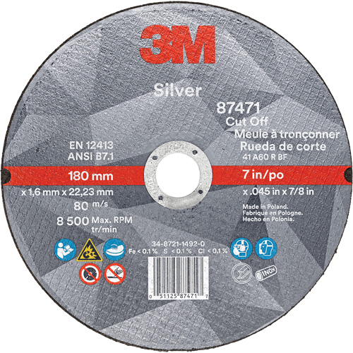 Meule &agrave; tronçonner Silver, 7" x 0,045", Arbre de 7/8", Type 1, C&eacute;ramique, 8500 Tr/min Distribution Industrielle GC