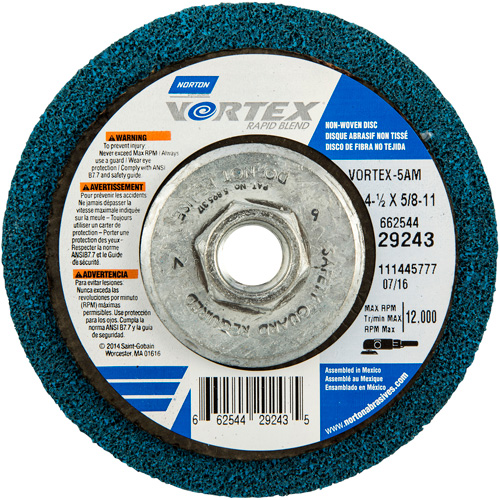Meule abrasive non tiss&eacute;e &agrave; moyeu d&eacute;port&eacute; Vortez Rapid Blend, 4-1/2" dia., Grain 100-120, Oxyde d'aluminium Distribution Industrielle GC