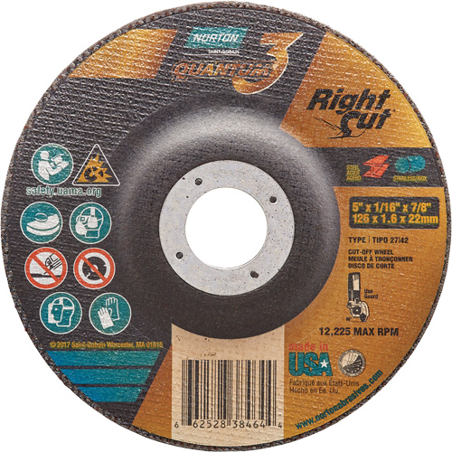 Quantum3 RightCut Cut-Off Wheel, 5" x 1/16", 7/8" Arbor, Type 27/42, Ceramic Alumina, 12225 RPM Distribution Industrielle GC