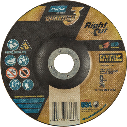 Quantum3 RightCut Cut-Off Wheel, 6" x 1/16", 7/8" Arbor, Type 27/42, Aluminum Oxide, 10185 RPM Distribution Industrielle GC