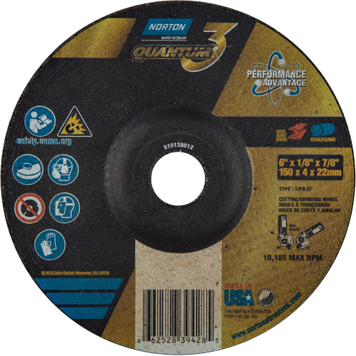 Quantum3 Grinding & Cutting Wheel, 6" x 1/8", 7/8" Arbor, Type 27, 24 Grit, Ceramic Alumina Distribution Industrielle GC