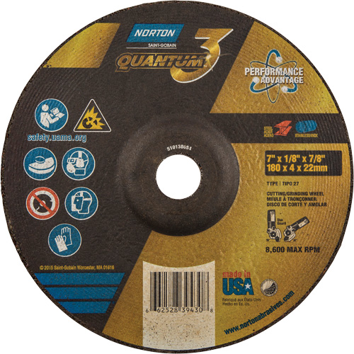 Disque de rectification et de tronçonnage Quantum3, 7" x 1/8", Arbre de 7/8", Type 27, Grain de 24, C&eacute;ramique d'alumine Distribution Industrielle GC