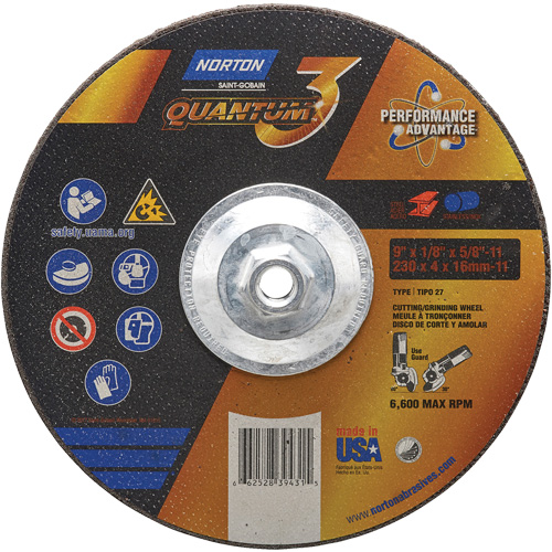 Quantum3 Grinding & Cutting Wheel, 9" x 1/8", 5/8"-11 Arbor, Type 27, 24 Grit, Ceramic Alumina Distribution Industrielle GC