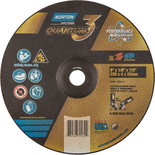 Disque de rectification et de tronçonnage Quantum3, 9" x 1/8", Arbre de 7/8", Type 27, Grain de 24, C&eacute;ramique d'alumine Distribution Industrielle GC