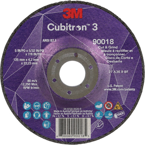 Meule &agrave; couper & tronçonner Cubitron 3, 5" x 5/32", Arbre de 7/8", Type T27, Grain de 36+, C&eacute;ramique Distribution Industrielle GC