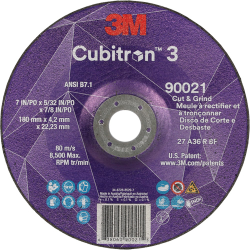 Meule &agrave; couper & tronçonner Cubitron 3, 7" x 5/32", Arbre de 7/8", Type T27, Grain de 36+, C&eacute;ramique Distribution Industrielle GC