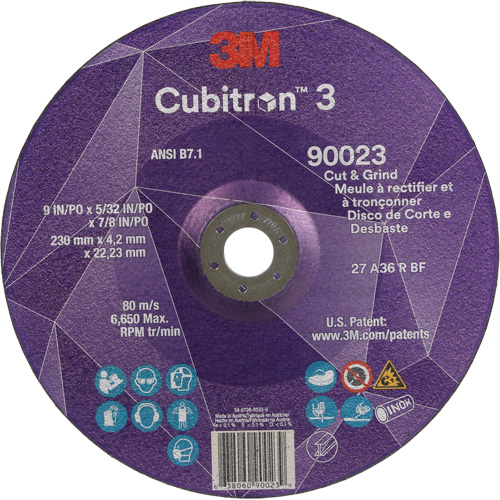 Meule &agrave; couper & tronçonner Cubitron 3, 9" x 5/32", Arbre de 7/8", Type T27, Grain de 36+, C&eacute;ramique Distribution Industrielle GC