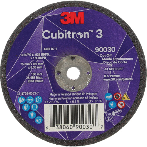 Meule &agrave; tronçonner Cubitron 3, 3" x 0,035", Arbre de 1/4", Type T1, C&eacute;ramique, 21000 Tr/min Distribution Industrielle GC