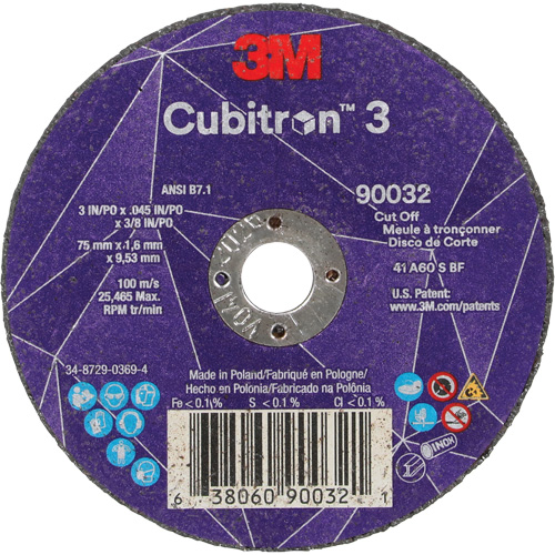 Meule &agrave; tronçonner Cubitron 3, 3" x 0,045", Arbre de 3/8", Type T1, C&eacute;ramique, 21000 Tr/min Distribution Industrielle GC