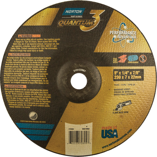 Quantum 3 SG Depressed Center Grinding Wheel, 9" x 1/4", 7/8" Arbor, Type 28, Ceramic, 6600 RPM Distribution Industrielle GC