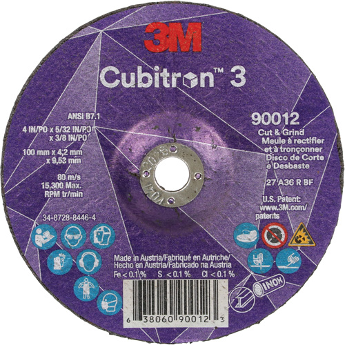 Meule &agrave; rectifier et &agrave; tronçonner Cubitron 3, 4" x 5/32", Arbre de 3/8", Type 27, Grain de 36, C&eacute;ramique Distribution Industrielle GC