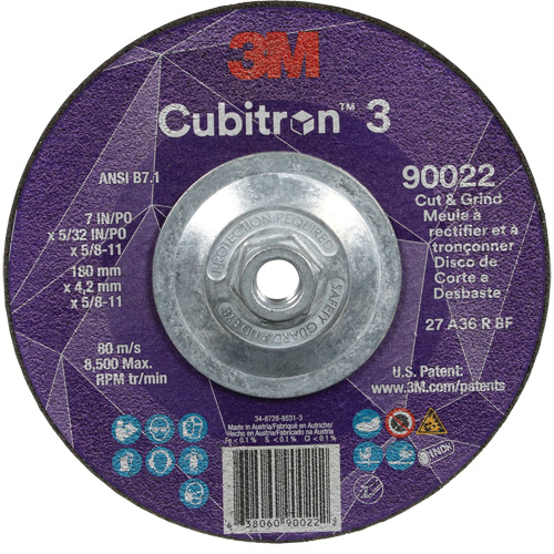Meule &agrave; rectifier et &agrave; tronçonner Cubitron 3, 7" x 5/32", Arbre de 5/8"-11, Type 27, Grain de 36, C&eacute;ramique Distribution Industrielle GC