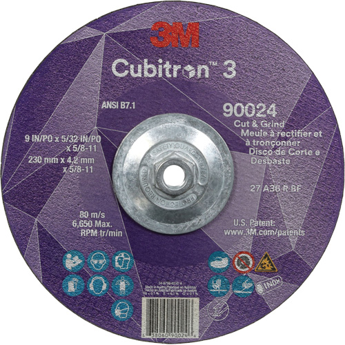 Meule &agrave; rectifier et &agrave; tronçonner Cubitron 3, 9" x 5/32", Arbre de 5/8"-11, Type 27, Grain de 36, C&eacute;ramique Distribution Industrielle GC
