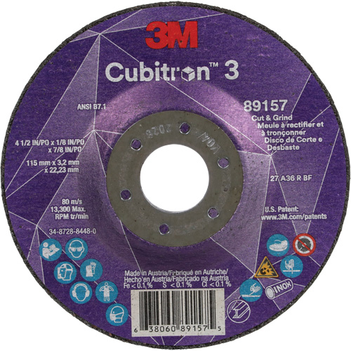 Meule &agrave; rectifier et &agrave; tronçonner Cubitron 3, 4-1/2" x 1/8", Arbre de 7/8", Type 27, Grain de 36, C&eacute;ramique Distribution Industrielle GC