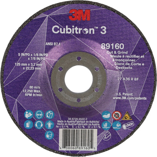 Meule &agrave; rectifier et &agrave; tronçonner Cubitron 3, 5" x 1/8", Arbre de 7/8", Type 27, Grain de 36, C&eacute;ramique Distribution Industrielle GC