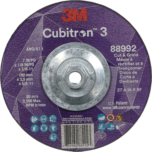 Meule &agrave; rectifier et &agrave; tronçonner Cubitron 3, 7" x 1/8", Arbre de 5/8"-11, Type 27, Grain de 36, C&eacute;ramique Distribution Industrielle GC