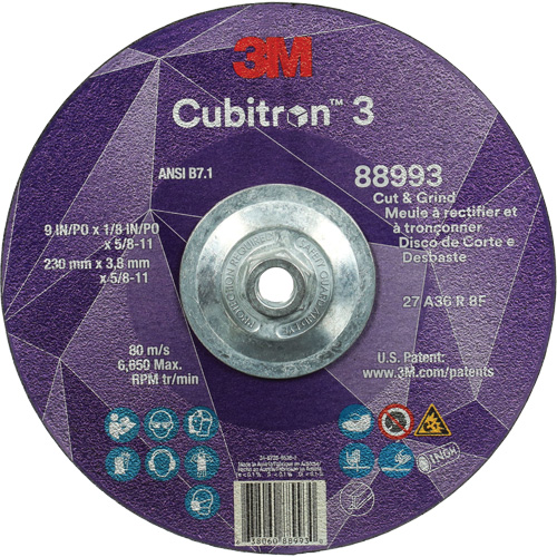 Meule &agrave; rectifier et &agrave; tronçonner Cubitron 3, 9" x 1/8", Arbre de 5/8"-11, Type 27, Grain de 36, C&eacute;ramique Distribution Industrielle GC