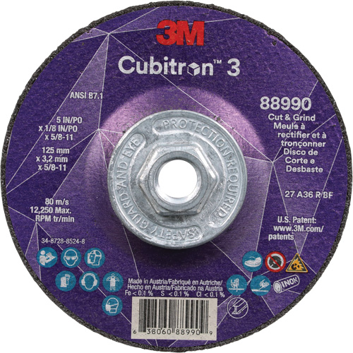 Meule &agrave; rectifier et &agrave; tronçonner Cubitron 3, 5" x 1/8", Arbre de 5/8"-11, Type 27, Grain de 36, C&eacute;ramique Distribution Industrielle GC