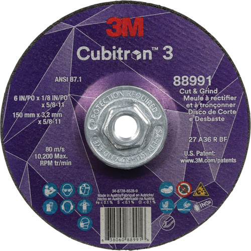 Meule &agrave; rectifier et &agrave; tronçonner Cubitron 3, 6" x 1/8", Arbre de 5/8"-11, Type 27, Grain de 36, C&eacute;ramique Distribution Industrielle GC