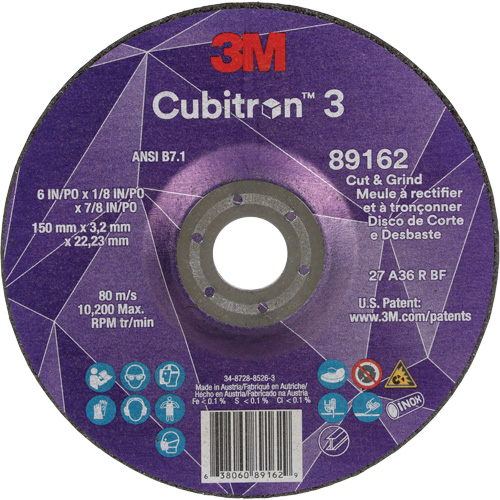 Meule &agrave; rectifier et &agrave; tronçonner Cubitron 3, 6" x 1/8", Arbre de 7/8", Type 27, Grain de 36, C&eacute;ramique Distribution Industrielle GC
