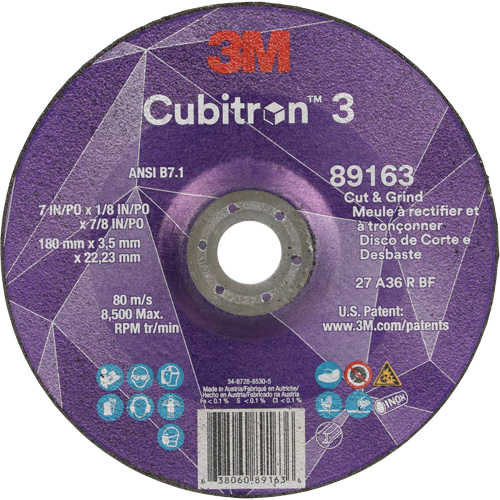 Meule &agrave; rectifier et &agrave; tronçonner Cubitron 3, 7" x 1/8", Arbre de 7/8", Type 27, Grain de 36, C&eacute;ramique Distribution Industrielle GC