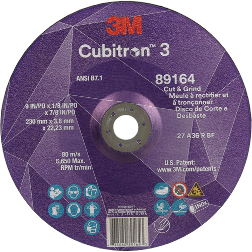 Meule &agrave; rectifier et &agrave; tronçonner Cubitron 3, 9" x 1/8", Arbre de 7/8", Type 27, Grain de 36, C&eacute;ramique Distribution Industrielle GC