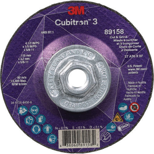 Cubitron 3 Cut and Grind Wheel, 4-1/2" x 1/8", 5/8"-11 Arbor, Type 27, 36 Grit, Ceramic Distribution Industrielle GC