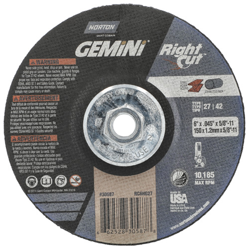 Gemini RightCut Right Angle Cut-Off Wheel, 6" x 0.045", 5/8"-11 Arbor, Type 27/42, Aluminum Oxide, 10185 RPM Distribution Industrielle GC