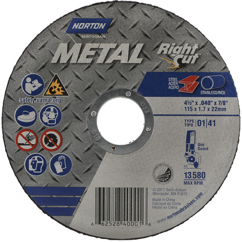 Metal RightCut Right Angle Cut-Off Wheel, 4-1/2" x 0.045", 7/8" Arbor, Type 01/41, Aluminum Oxide, 13580 RPM Distribution Industrielle GC
