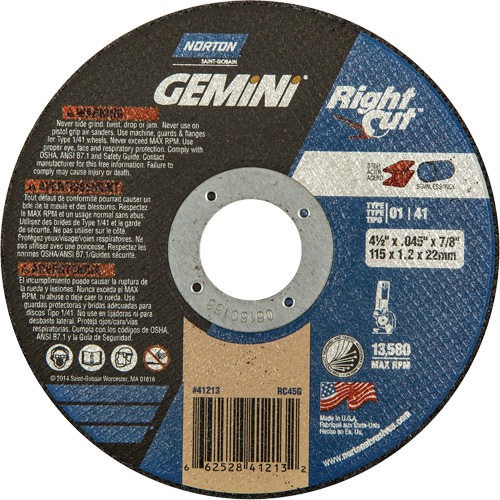 Gemini RightCut Right Angle Cut-Off Wheel, 4-1/2" x 0.045", 7/8" Arbor, Type 01/41, Aluminum Oxide, 13580 RPM Distribution Industrielle GC