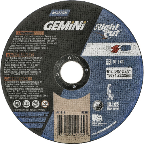 Gemini RightCut Right Angle Cut-Off Wheel, 6" x 0.045", 7/8" Arbor, Type 01/41, Aluminum Oxide, 10185 RPM Distribution Industrielle GC