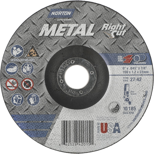 Metal RightCut Right Angle Cut-Off Wheel, 6" x 0.045", 7/8" Arbor, Type 27/42, Aluminum Oxide, 10190 RPM Distribution Industrielle GC