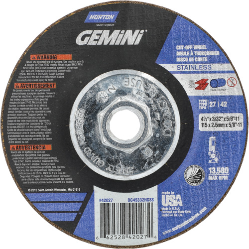 Gemini INOX/SS Right Angle Cut-Off Wheel, 4-1/2" x 3/32", 5/8"-11 Arbor, Type 27/42, Aluminum Oxide, 13580 RPM Distribution Industrielle GC