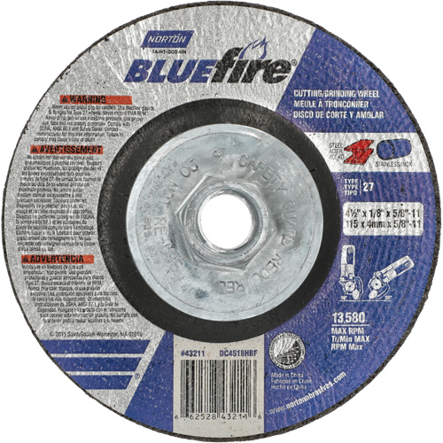 BlueFire Grinding & Cutting Wheel, 4-1/2" x 1/8", 5/8"-11 Arbor, Type 27, Zirconia Alumina Distribution Industrielle GC