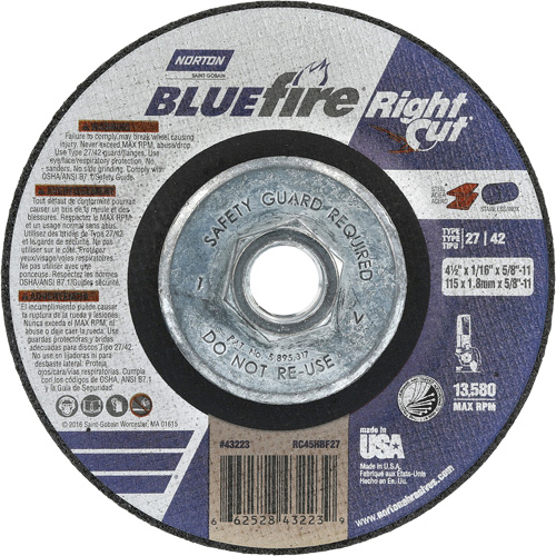 BlueFire RightCut Right Angle Cut-Off Wheel, 4-1/2" x 1/16", 5/8"-11 Arbor, Type 27/42, Aluminum Oxide, 13580 RPM Distribution Industrielle GC