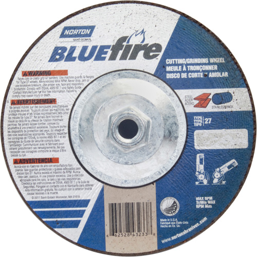 BlueFire Grinding & Cutting Wheel, 7" x 1/8", 5/8"-11 Arbor, Type 27, Zirconia Alumina Distribution Industrielle GC