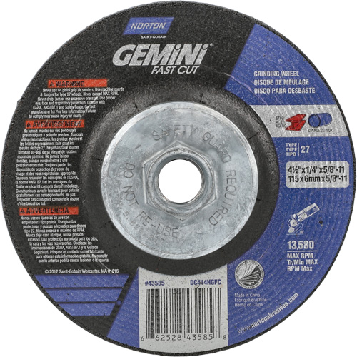 Gemini Grinding Wheel, 4-1/2" x 1/4", 5/8"-11 Arbor, Aluminum Oxide, Type 27 Distribution Industrielle GC