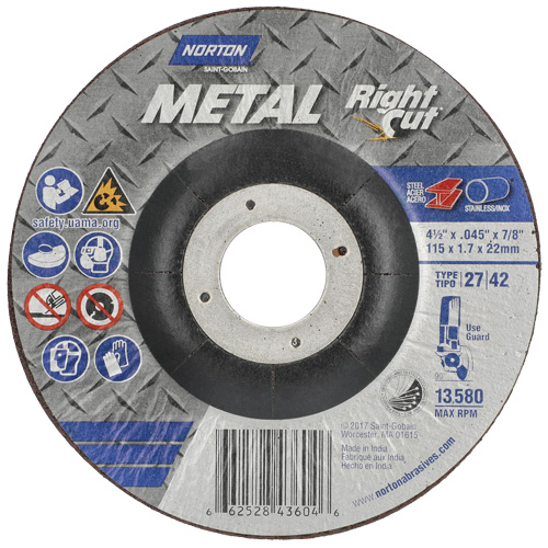 Metal RightCut Right Angle Cut-Off Wheel, 4-1/2" x 0.045", 7/8" Arbor, Type 27, Aluminum Oxide, 13580 RPM Distribution Industrielle GC