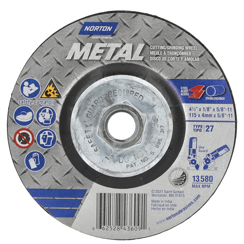 Metal Grinding & Cutting Wheel, 4-1/2" x 1/8", 5/8"-11 Arbor, Type 27, Aluminum Oxide Distribution Industrielle GC