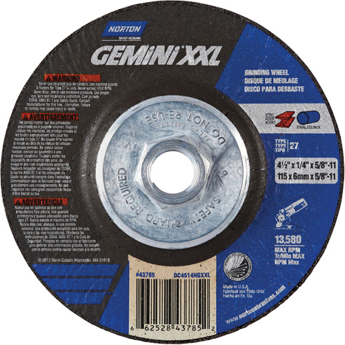 Gemini XXL Grinding Wheel, 4-1/2" x 1/4", 5/8"-11 Arbor, Aluminum Oxide, Type 27 Distribution Industrielle GC