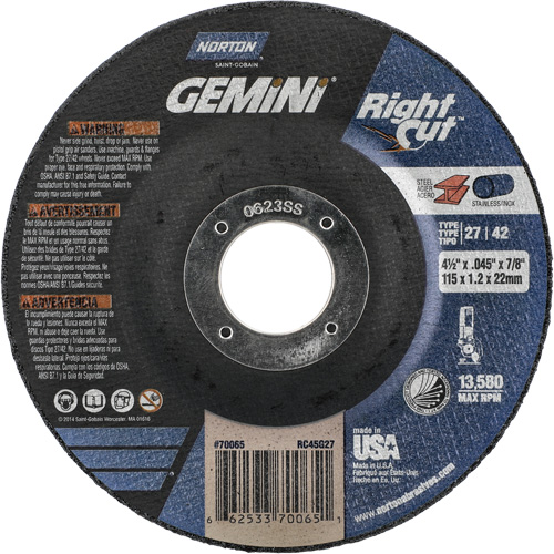 Gemini RightCut Right Angle Cut-Off Wheel, 4-1/2" x 0.045", 7/8" Arbor, Type 27/42, Aluminum Oxide, 13580 RPM Distribution Industrielle GC