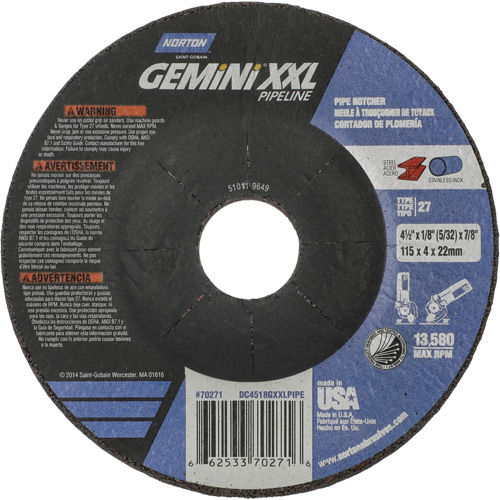 Gemini XXL Grinding & Cutting Wheel, 4-1/2" x 1/8", 7/8" Arbor, Type 27, Aluminum Oxide Distribution Industrielle GC