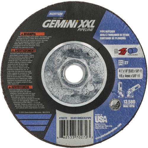 Gemini XXL Grinding & Cutting Wheel, 4-1/2" x 1/8", 5/8"-11 Arbor, Type 27, Aluminum Oxide Distribution Industrielle GC