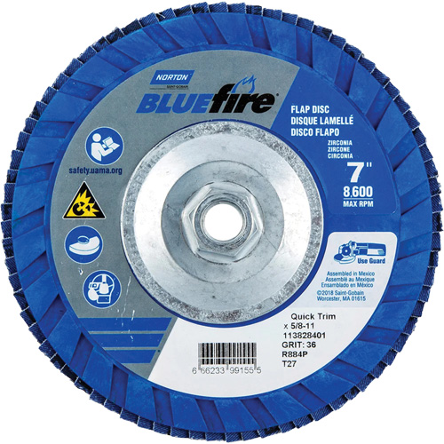 BlueFire&reg; Standard-Density Flap Disc, 7" x 5/8"-11, Type 27, P36 Grit, Zirconia Alumina Distribution Industrielle GC