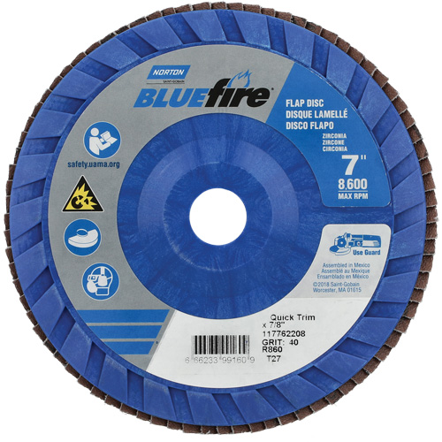 BlueFire Quick Trim Flap Disc, 7" x 7/8", Type 27, 40 Grit, Zirconia Alumina Distribution Industrielle GC