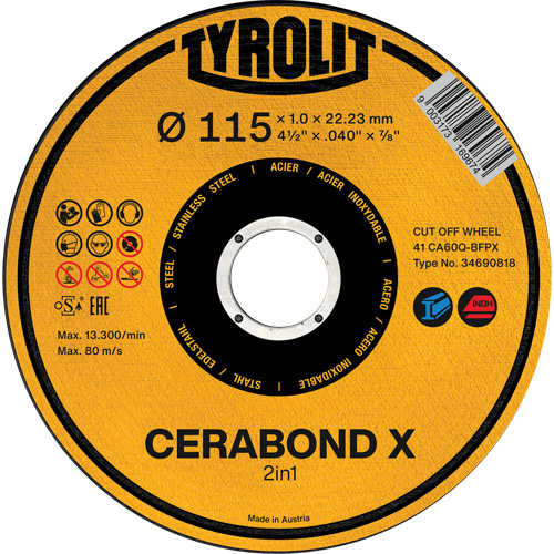Meule &agrave; tronçonner CA60Q-BFPX CERABOND X, 4-1/2" x 0,039", Arbre de 7/8", Type 1 Distribution Industrielle GC