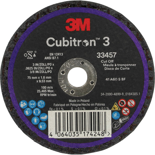 Meule &agrave; tronçonner Cubitron 3, 3" x 0,063", Arbre de 3/8", C&eacute;ramique Distribution Industrielle GC